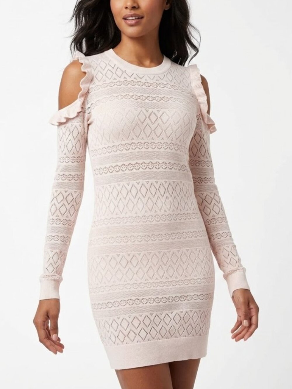 Lauren Conrad Coquette Pointelle Ruffle Cold Shoulder Knit Mini Dress Small